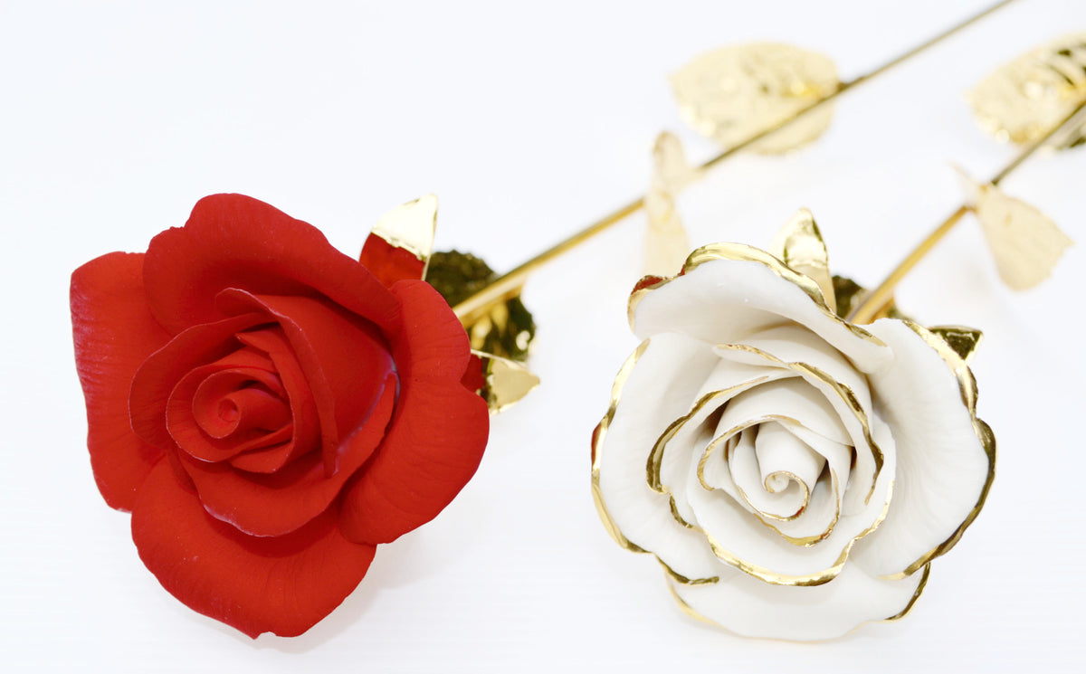 Porcelain hand-crafted roses with pewter gold chrome finish stem